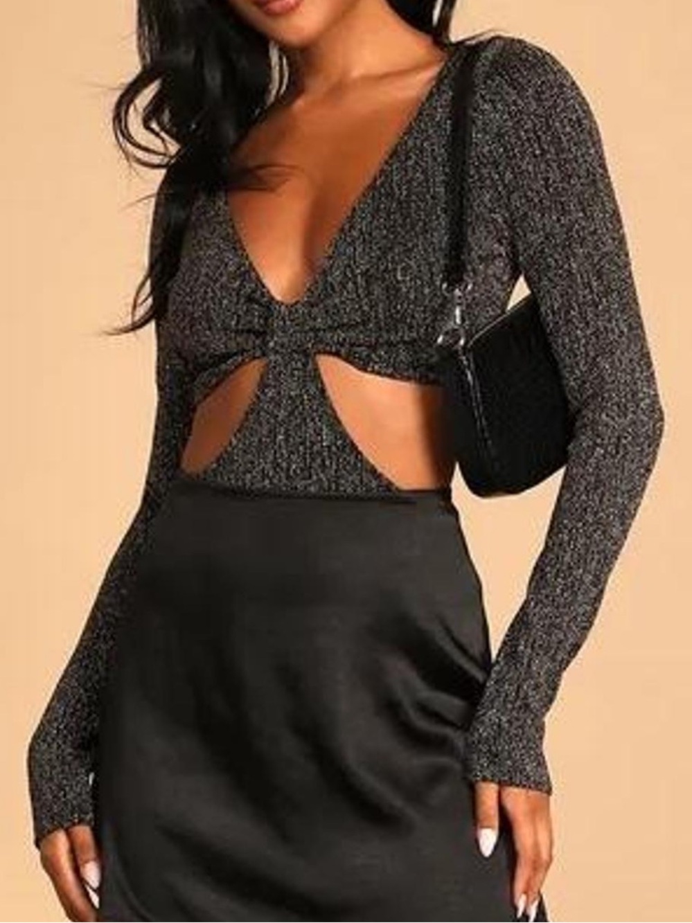 Lulu's Silver Black Shimmery Long Sleeve Cutout Bodysuit